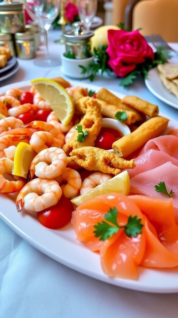 An appetizer platter with shrimp cocktail, fried calamari, and smoked salmon for the Feast of 7 Fishes.